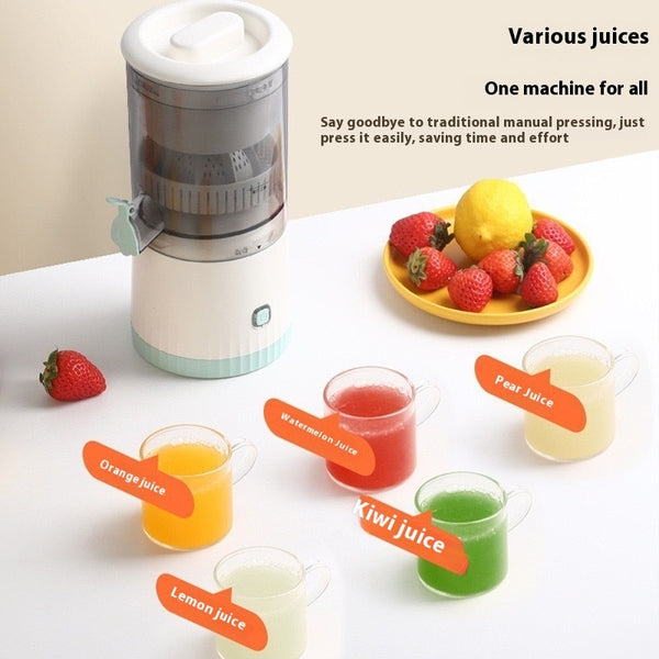 Juice extractor with various juice types and fruits on a white background