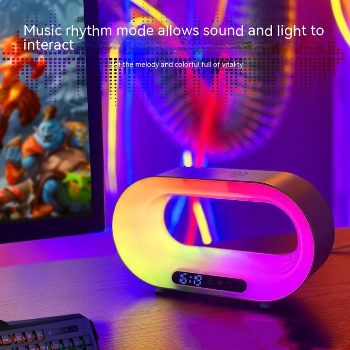 Colorful light projector with remote control on a table, displaying text about music rhythm mode.