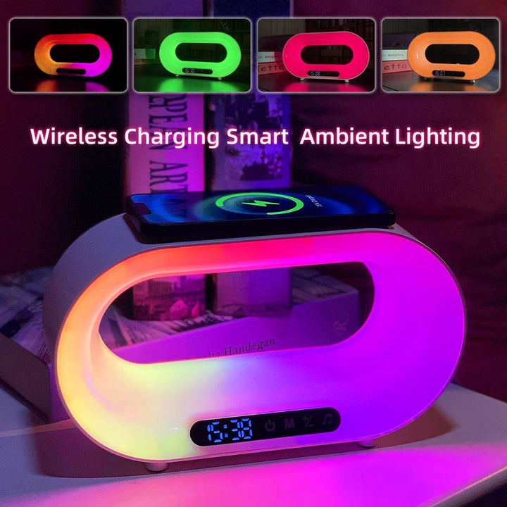 Wireless charging smart device with ambient lighting on a table.