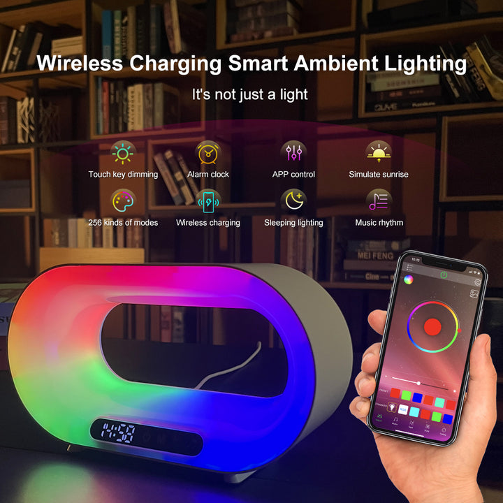 Smart ambient lighting device with wireless charging and smartphone control in a home setting.