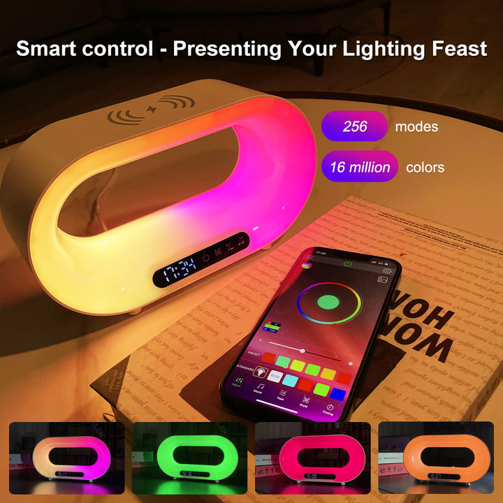 Smart lighting device with smartphone app on a newspaper background, showcasing color modes and control options.