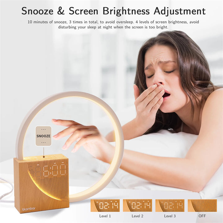 Wooden alarm clock with digital display and woman yawning in the background