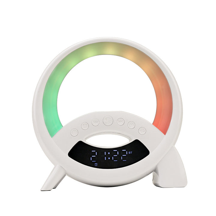 White clock with colorful circular display on a white background