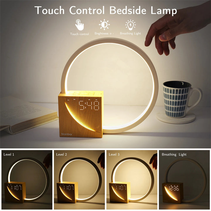 Touch control bedside lamp with digital clock and various light settings shown.